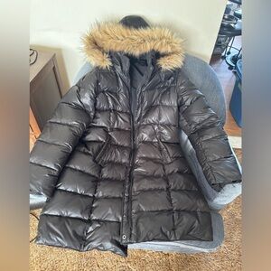 Women's reversible Black  Coat with removable Faux Fur Hood